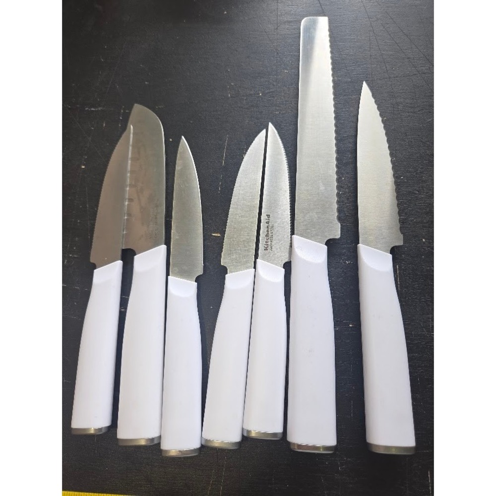 KitchenAid 7 Piece White Knife Set Japanese Steel Santoku Bread Paring Utility